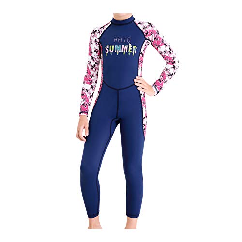 Uobzyaq Kids Full Body Swimsuit Boys Girls Rash Guard One Piece UV Protection Folral Long Sleeve Wetsuit Diving Suit for Water Sports Navy Size M