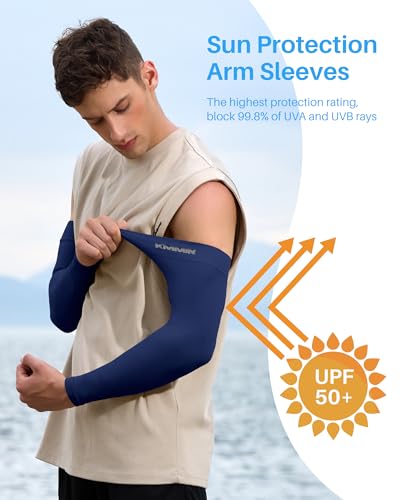 KMMIN Arm Sleeves UV Protection for Driving Cycling Golf Basketball Warmer Cooling UPF 50 Sunblock Protective Gloves for Men Women Adults Covering Tattoos, Navy/Beige - Thumbnail 2