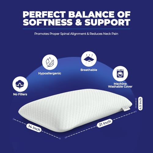 Image of WELLGIVER Ergonomic Memory Foam Pillow for Neck Pain | 2 Years Warranty | 21 x 14 x 4.5 Inch | Orthopedic Pillow for Side Sleeping | Removable Washable Jacquard White Cover | Pack of 2