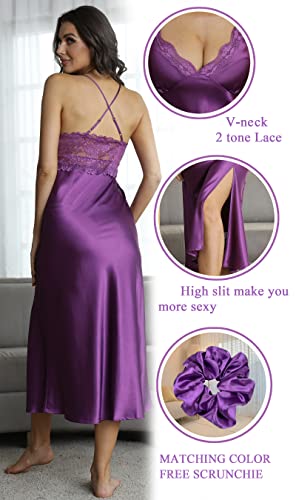 Alcea Rosea Womens Sleepwear Lace Lingerie Chemises V Neck Nightgown Sexy Long Sleep Dress Sleeveless Lace For Women Elegant (Purple Satin, L) #TOP1