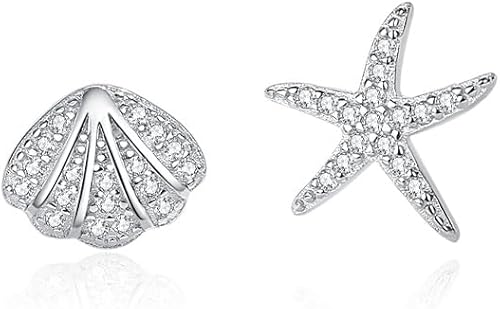 Dainty CZ Shell Starfish Stud S925 Sterling Silver Asymmetric Earrings for Women