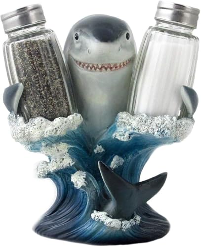 Ebros Gift Ensemble de salière et poivrière en forme de grand requin blanc dans l'océan nautique et prédateur de la mer profonde comme centre de table de salle à manger