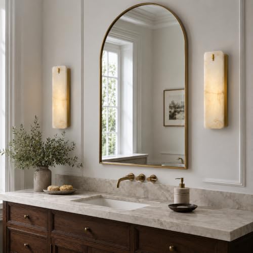 Image of Rectangular Alabaster Wall Sconce 16 Inch, Natural Spanish Stone Brass Gold Wall Light, Modern Marble Sconces Dimmable E12 Hardwired Bathroom Vanity Light Fixture for Mirror, Bedroom, Hallway(1 Pcs)