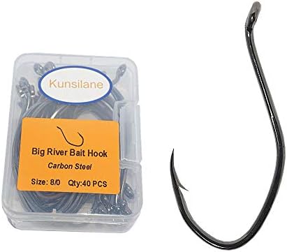 Kunsilane Catfish Hooks Big River Bait Hook 8/0（40pcs）, 10/0(25pcs) High Carbon Steel Fishing Hook Saltwater Size Black Nickel