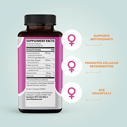 Life Seasons - Ageless Skincare - Anti Aging Supplement - Antioxidant Complex - Acai Berry, Astaxanthin, Resveratrol, R-Alpha Lipoic Acid And Pomegranate Extract - 90 Capsules #TOP1