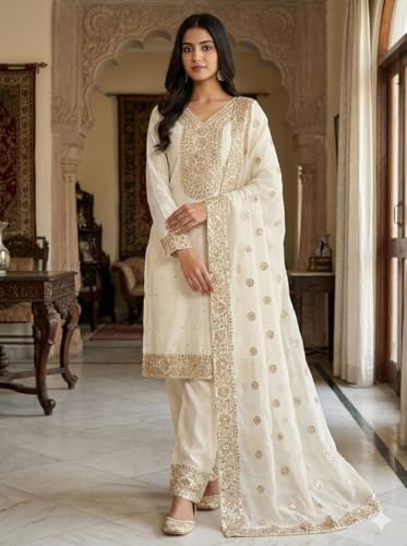 Image of JIYA'S Collection Women Eid Special Fendy Silk Embroidered Kurta Palazzo Set with Dupatta