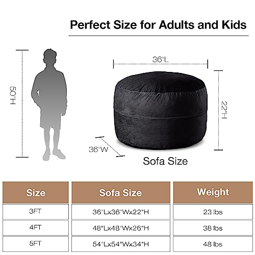 Whatsbedding 3 Ft Bean Bag Chair: 3' Memory Foam Bean Bag Chairs For Adults With Filling, Soft Bean Bag Sofa With Premium Velvet Cover,Bean Bags With Stuffed Foam Filling,Black,3 Foot #TOP2