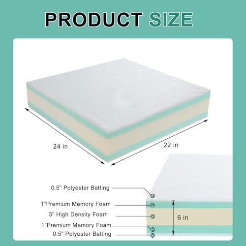 FOUXTEL Extra Thickness 5 Layer Couch Cushion Replacement, 22"x24"x6" Sofa Cushions Replacement, Memory Foam Upholstery Cushion, Supportive&Soft Sofa Cushion Foam with Removable Cover by FOUXTEL - Image 2