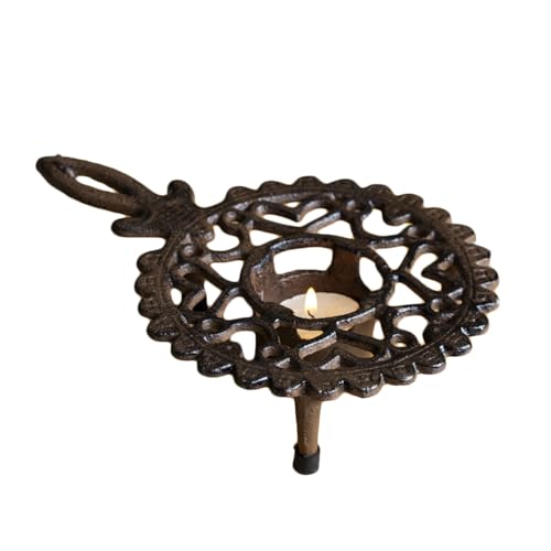 Antique-Style Cast Iron Teapot Warmer with Handle, Brown, Tealight Holder, W21.5cm x H5cm x D14.5cm