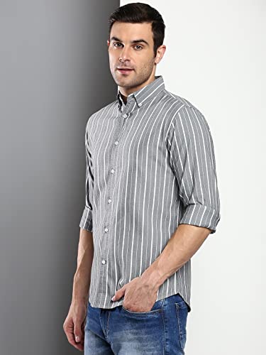 Image of Dennis Lingo Men's Striped Slim Fit Oxford Cotton Casual Shirt with Button Down Collar & Full Sleeves