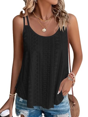 WNEEDU Damen Tank Tops Sommer Spaghetti Cami Oberteile Ärmellose Rundhalsausschnitt Blusen Top Shirts Schwarz XL