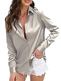 Womens Soft Satin Silk Button Down Shirts for Women Silky Long Sleeve Work Shirt Dress Blouses Tops Silver Grey Size XL