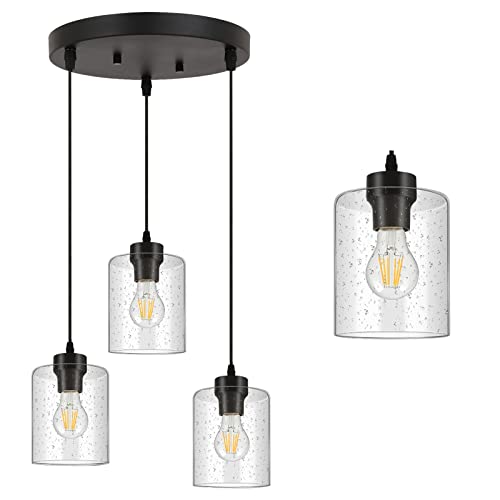 BoostArea 3-Light Modern Pendant Light Fixtures, Industrial Hanging Ceiling Lamp with Seeded Glass Shade, Farmhouse Black Pendant Lighting for Kitchen Island Sink Living Room Hallway Dining Bedroom