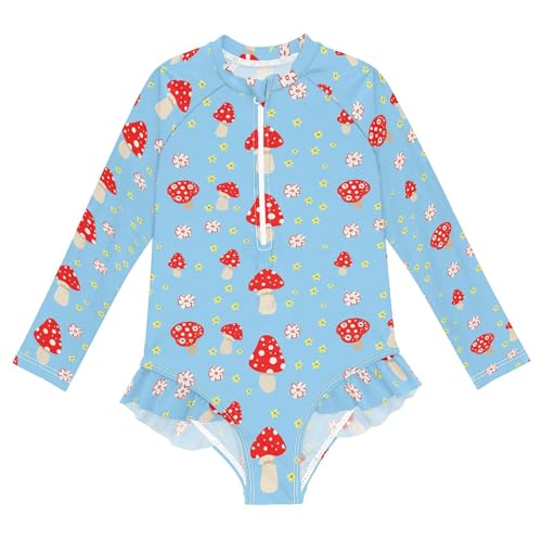 Red Mushroom Flowers Girls Long Sleeve Rashguard Swimsuit UV Protection One-Piece Swimwear Bathing Suit B0405153