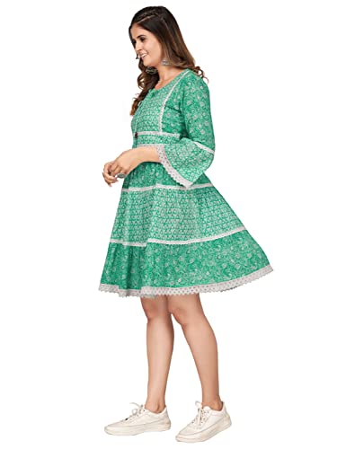 Image of Vbuyz Women's Cotton Print & Lace Work Flared Stitched Dress