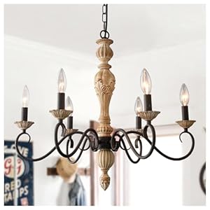 Rustic French Country Chandelier Light Fixture 6 Lights Mid Century Modern Candle Style Chandelier Vintage Distressed Wood Black Chandelier for Dining Room Kitchen Living Room E12