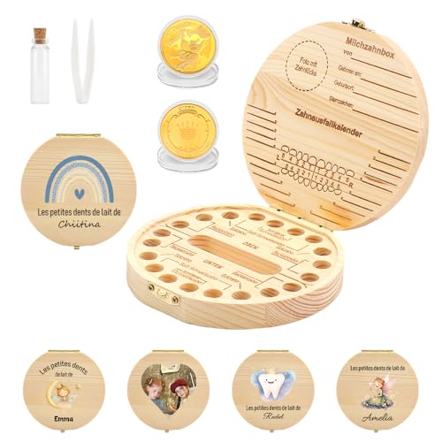 FIDWALL Boîte à Dents de Lait Personnalisée avec Prénom, Boite Dent de Lait en Bois avec Pièce de la Petite Souris, Boite Souvenir pour Enfants, Idéale pour la Visite de la Petite Souris (Coloré)