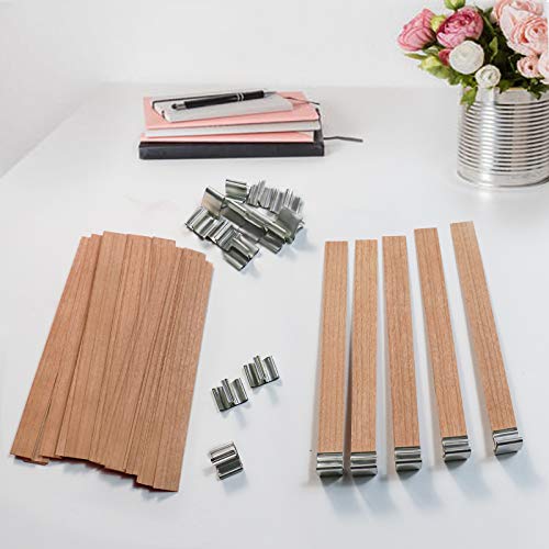 Chrider 100 Set Wooden Candle Wicks, 100 PCS 5.1 X 0.5 Inch Candle Wicks with 100 PCS Iron Stands for DIY Candle Making Craft, Smokeless Natural Environmental-Friendly Wood Wicks for Candle Making
