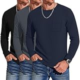 August Alley 3 Pack Men's Waffle Long Sleeve Shirts Crew Neck Thermal Patch Pocket Underwear Tops Casual Pullover Layer(Black, Dark Gray, Navy Blue,Medium)
