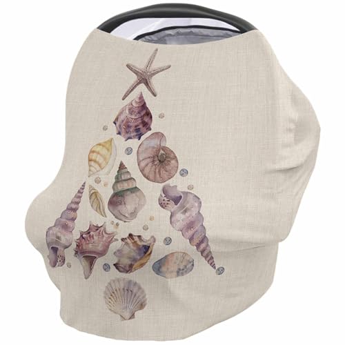 Nursing Cover for Breastfeeding Scarf, Beige Special Xmas Tree Conch Shell Starfish Baby Car Covers Super Soft Multi Use for Canopy Shopping Cart Cover Blanket Stroller Cover
