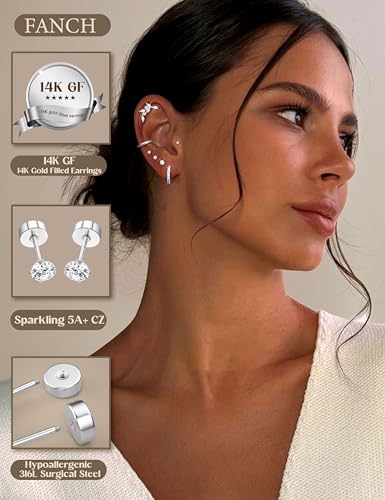 FANCH 12Pcs Piercing Oreille Acier Inoxydable pour Femme Boucles D'oreilles Helix Tragus Conch Daith Cartilage Acier Chirurgical Boucles D'oreilles Creoles Fleur CZ Oreille Piercing Bijoux Argent – vue 4