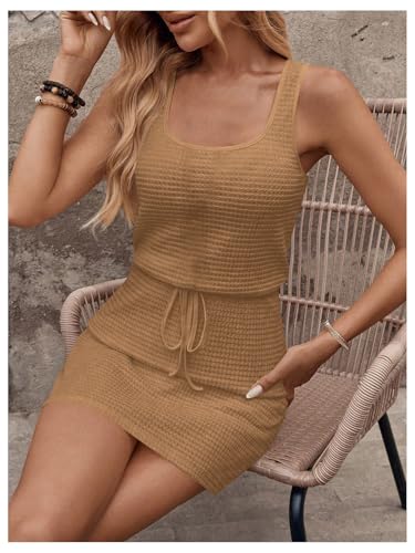 Image of RoseSeek Women's Waffle Knit Belted Tank A Line High Waisted Dresses Square Neck Sleeveless Summer Short Dress