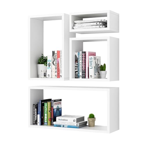 Kaboon Wall Mount Shelf Set of 4, Floating Cube Shelves for Space Discovery Home and Commercial Use, Large Size Shelves Set, White