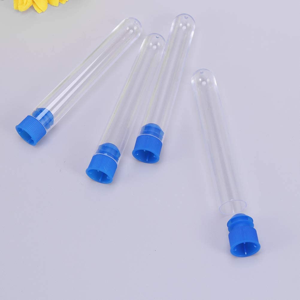 QUNINE 50 Stück 16 x 100 mm transparente Kunststoff-Reagenzgläser für wissenschaftliche Experimente, Party-Süßigkeiten-Aufbewahrung mit Blau