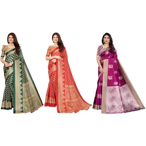 Image of Yashika Women's Sarees Women's Combo Art Silk Printed Saree With Unstitched Blouse Piece |saree for Women | saree combo | New Sari | Saree Pack Of 3