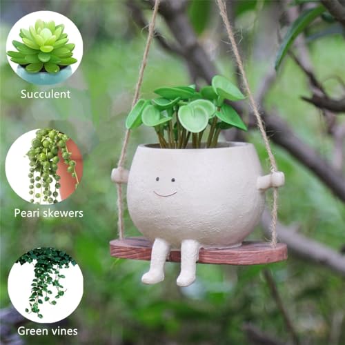 Image of Swing Face Planter Pot Hanging Swinging Smiley Planter Cute Planter for Indoor and Outdoor Plants Succulent Planter for String of Pearls Plants Creative Swing Planter Gifts for Holidays and Parties