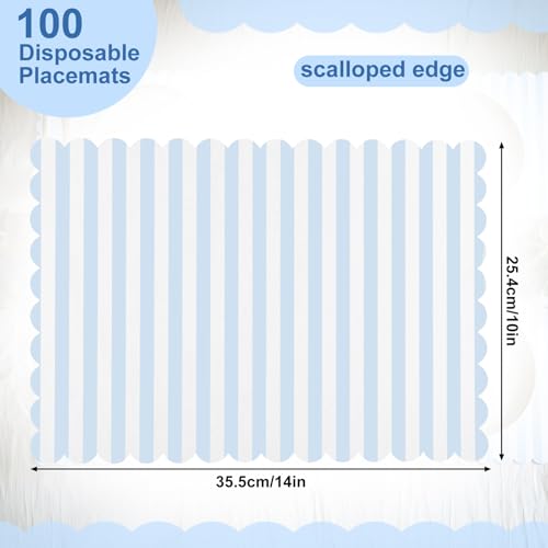 Tinlade 100 Pcs Blue Striped Paper Placemats Summer Coastal Scalloped Dusty Blue and White Placemats Disposable Square Striped Place Mats for Wedding Bridal Shower Beach Party Home Table Kitchen Decor by Tinlade - Used condition - Image 4