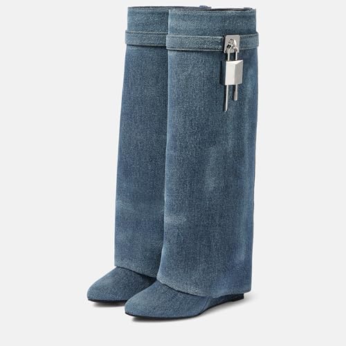 Image of Arqa Knee High Boots Womens Wedge High Heels Shark Boots Fold Over Pull-on Pointed Toe Tall Fashion Boots for Women