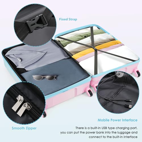 Premium 3-Piece Luggage Set – 20" Carry-On with USB Port, Durable ABSPC Hard Shell Spinner Luggage for Travel & Daily Commutes in Light Blue & Pink4