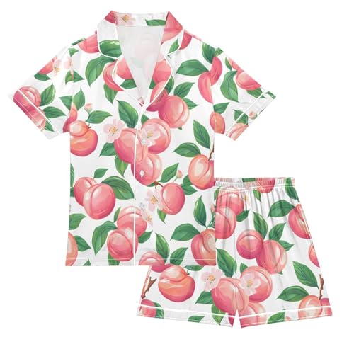 ALAZA Peach Fruit Leaves Flower Pajamas Satin Pajama Set Short Sleeve Button Down Sleepwear