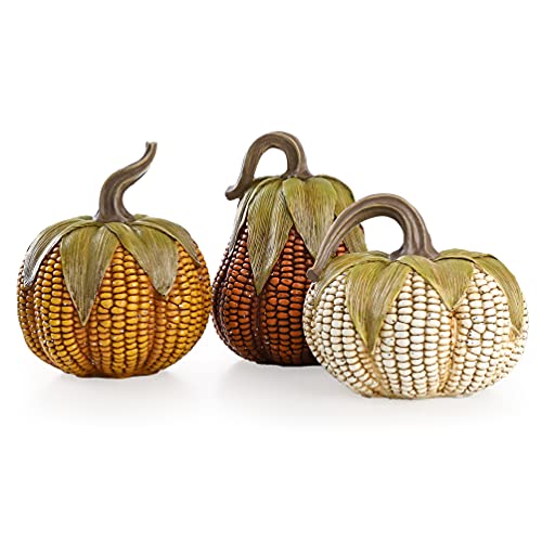 Valery Madelyn Fall Decorations for Home Pumpkins Decor, Set of 3 Resin Artificial Corn Decorative Pumpkins Figurines for Indoor Table Centerpieces Autumn Thanksgiving Halloween Decoration 6.3 Inch