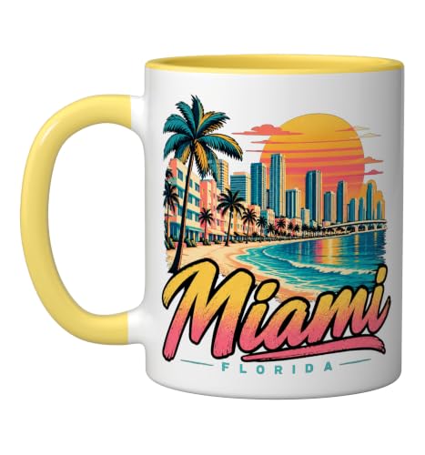 Vintage Miami Florida Travel Souvenir Landmark Gift Ceramic Mug, Yellow/White, 11oz