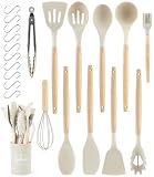 12 Piezas Utensilios Cocina de Silicona, Juego de Utensilios de Cocina de Silicona, Set Antiadherente Resistente al Calor, Apto para lavavajillas,Accesorios cocina,Juego de cubiertos con cubo (Caqui)