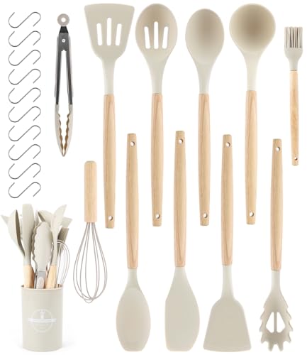 Lot de 12 ustensiles de cuisine en silicone, antiadhésif, résistant à la chaleur, passe au lave-vaisselle, accessoires de cuisine, set de couverts avec seau (Kaki)