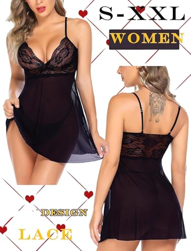 Image of Babydoll | Women's Plus Size Split Long Mesh Lingerie Dress Babydoll Chemise Sleepwear | Nightwear Sexy Above Knee Dress with G-String Panty
