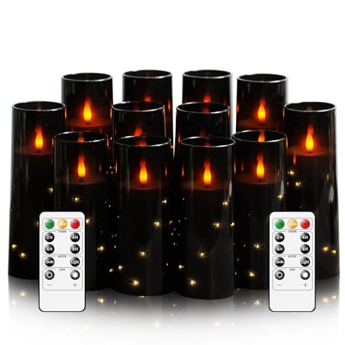Image of Sasigeiaa Flameless Candles with Embedded Star String - Battery Operated LED Candles, with Remote,12 Black Flickering Candles for Christmas, Weddings, Home Decor & Party,(D 2.3 inchxH 5 inch 6 inch 7 inch)