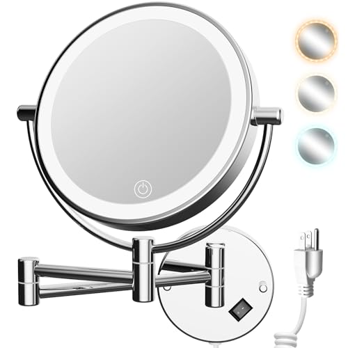 YMHSOLDR Wall Mounted Makeup Mirror with 3 Color Lights & Stepless Dimming, 1X/10X Magnifying LED Double Sided Shaving Cosmetic Mirror, Touch Sensor Extendable Arm 360° Swivel Bathroom Mirror