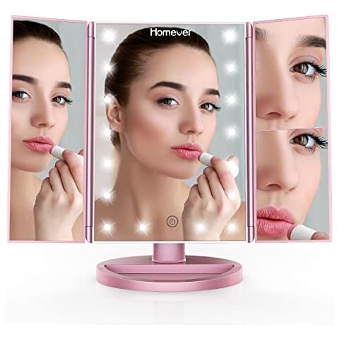 Homever Vanity Mirror with Lights,21 Led Trifold Makeup Mirror with Touch Screen,3X/2X/1X Magnification and Dual Power Supply,180°Adjustable Rotation Lighted Makeup Mirror Cover