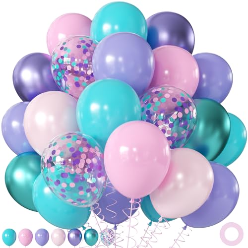 Mermaid Balloons 60Pcs 12inch Metallic Purple Pink Blue Balloons with Confetti Balloons for Ocean Sea Themed Baby Shower Gender Reveal Birthday Party Decorations