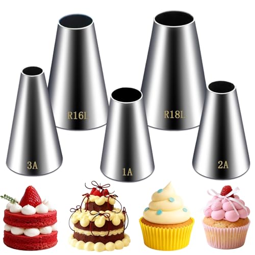 Opiniones de Duya los más solicitados. 50 Hendiy - Juego de 5 puntas redondas grandes, de acero inoxidable, puntas profesionales para decoración de pasteles, punta de glaseado para cupcakes, pasteles, galletas