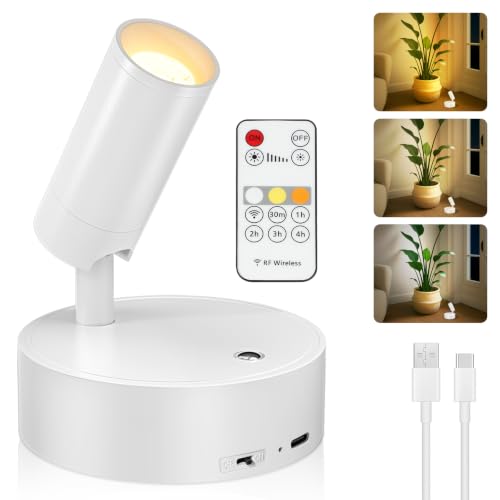 Kimjo LED Aplique Pared Interior sin Cable Recargable, 1 Pieza Blanco Focos de Pared de Interior a Pilas, USB Lámpara de Pared Regulable con Mando a Distancia para Planta Obra de Arte Salón Dormitorio