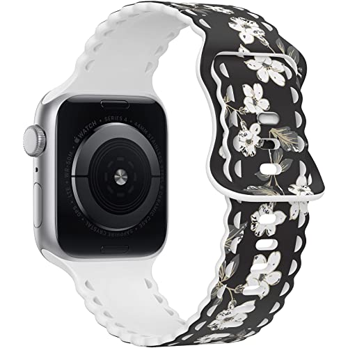 Image of Compatible with Apple Watch Band 41mm 40mm 38mm 49mm 45mm 44mm 42mm Women Girl, Floscule Floral Lace Hollow-out Soft Silicone Sport Bands For iWatch Ultra SE Series 10 9 8 7 6 5 4 3 2, Flos-42