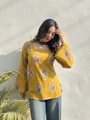 Image of ANNI Designer Women's Viscose Blend Printed Short Kurti | Straight Fit Ethnic Top with Square Neck | Bell Sleeve Indian Kurta for Office College, Party