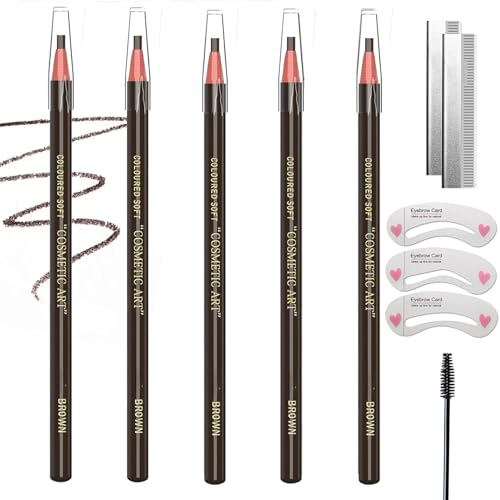 5PCS Waterproof Brown Eyebrow Pencil Set – Sweat-Resistant Peel-Off Brow Pencils with Blades, Brow Stencil & Brush for Smooth Outlining, Natural Shaping, Filling & Defined Long-Lasting