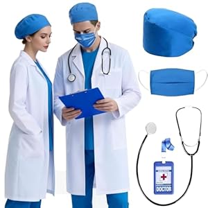 Funnity Erwachsenen Arzt Kostüm mit Stethoskop & Arztausweis, Chirurg Arztkittel OP Verkleidung für Karneval Fasching Halloween, Laborkittel für Krankenhaus Schule Damen Herren