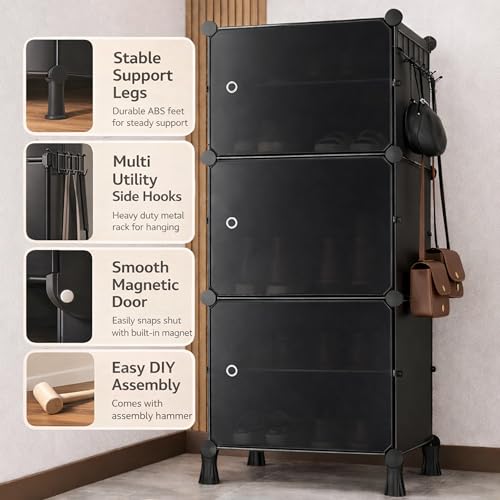 Image of Plastic Shoe Rack for Home | ๐ ๐๐ข๐๐ซ Foldable Dustproof Shoe Storage Cabinet & ๐ ๐
๐ซ๐จ๐ง๐ญ ๐๐จ๐จ๐ซ, Legs | Space Saving Multipurpose Organizer Entryway, Bedroom, Living & Office| Black